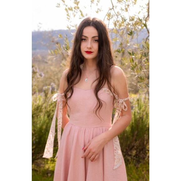 BEDRA Vintage Sz S Small Pale Pink Linen Tie Shoulder Midi Juliet Dress NWT - Picture 12 of 13